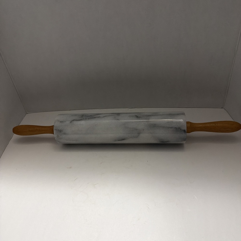 Vintage White Grey Marble Rolling Pin with Wooden Handles Heavy Pastry Tool